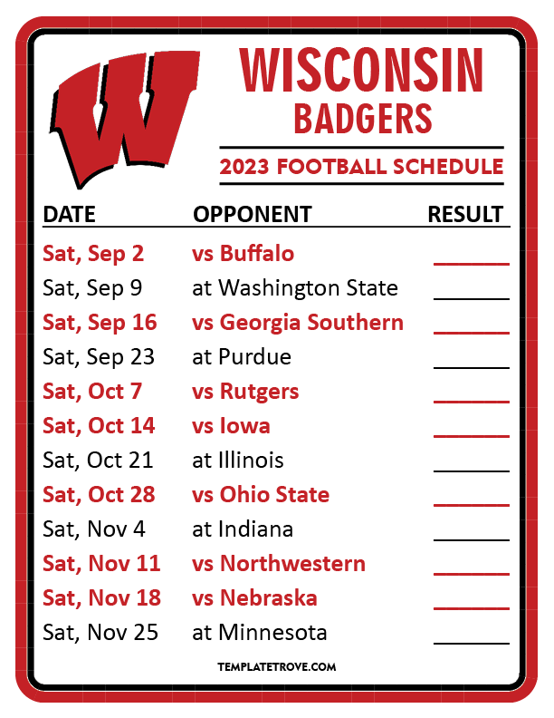 Badger Football Printable Schedule