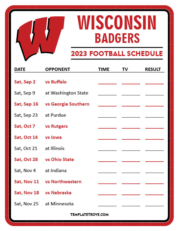 Badger Football Schedule Printable
