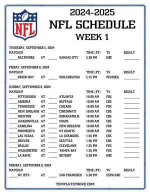 Printable 2024-25 NFL Schedule Week 1 - Pacific Times