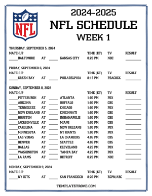 Printable 2024-25 NFL Schedule Week 1