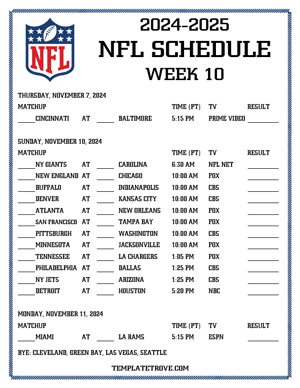 Printable 2024-25 NFL Schedule Week 10 - Pacific Times