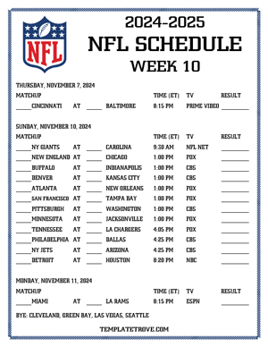 Printable 2024-25 NFL Schedule Week 10