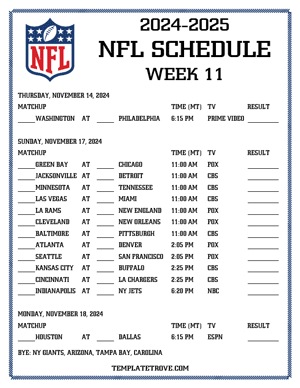 Printable 2024-25 NFL Schedule Week 11 - Mountain Times