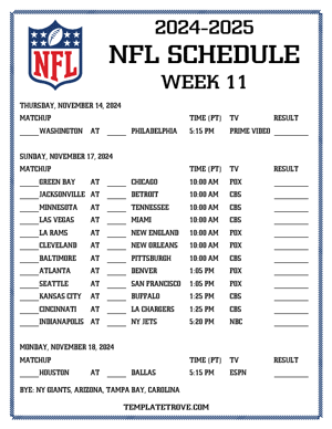 Printable 2024-25 NFL Schedule Week 11 - Pacific Times