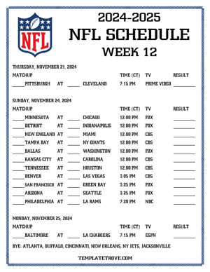 Printable 2024-25 NFL Schedule Week 12 - Central Times