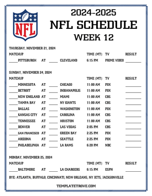Printable 2024-25 NFL Schedule Week 12 - Mountain Times