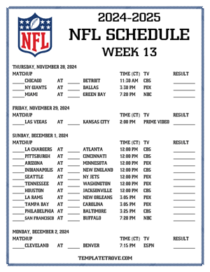 Printable 2024-25 NFL Schedule Week 13 - Central Times