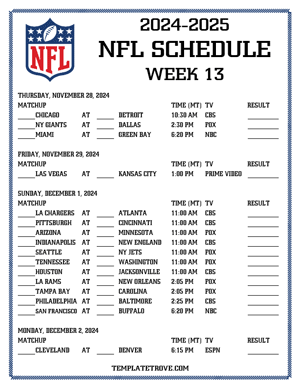 Printable 2024-25 NFL Schedule Week 13 - Mountain Times