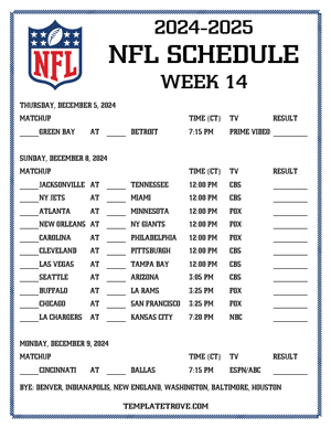 Printable 2024-25 NFL Schedule Week 14 - Central Times