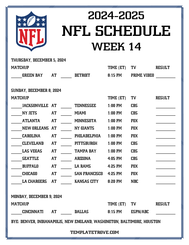 Printable 2024 2025 NFL Schedule Week 14