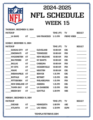 Printable 2024-25 NFL Schedule Week 15 - Pacific Times