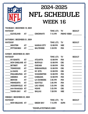 Printable 2024-25 NFL Schedule Week 16 - Central Times