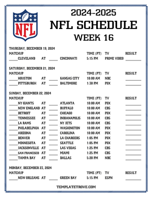 Printable 2024-25 NFL Schedule Week 16 - Pacific Times