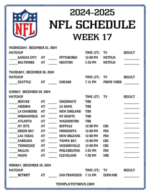 Printable 2024-25 NFL Schedule Week 17 - Central Times