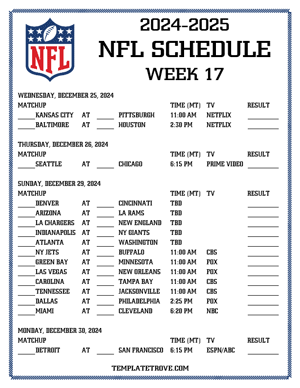 Printable 2024-25 NFL Schedule Week 17 - Mountain Times