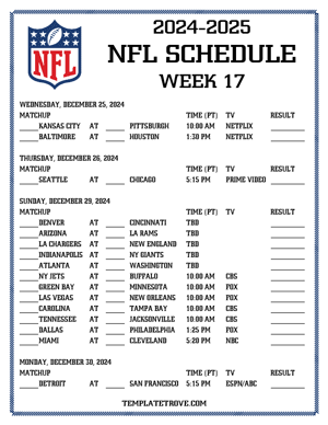 Printable 2024-25 NFL Schedule Week 17 - Pacific Times