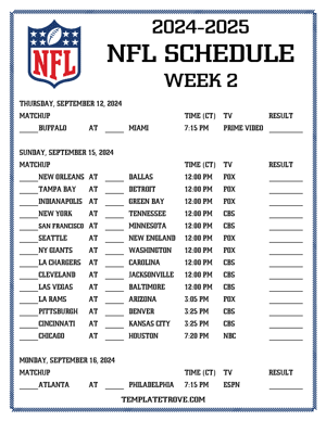 Printable 2024-25 NFL Schedule Week 2 - Central Times
