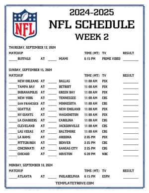 Printable 2024-25 NFL Schedule Week 2 - Mountain Times