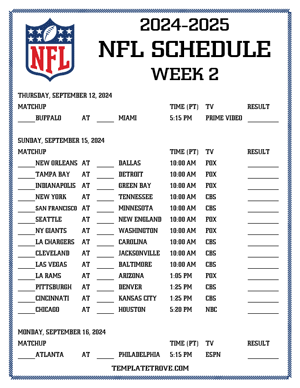 Printable 2024-25 NFL Schedule Week 2 - Pacific Times