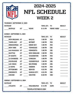 Printable 2024-25 NFL Schedule Week 2
