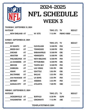 Printable 2024-25 NFL Schedule Week 3 - Central Times