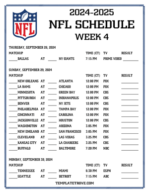 Printable 2024-25 NFL Schedule Week 4 - Central Times
