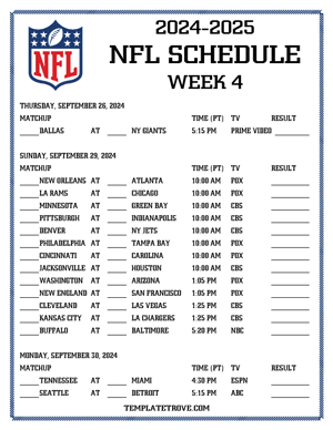 Printable 2024-25 NFL Schedule Week 4 - Pacific Times