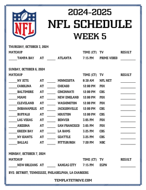 Printable 2024-25 NFL Schedule Week 5 - Central Times