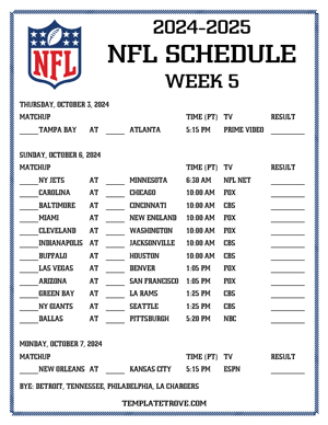 Printable 2024-25 NFL Schedule Week 5 - Pacific Times