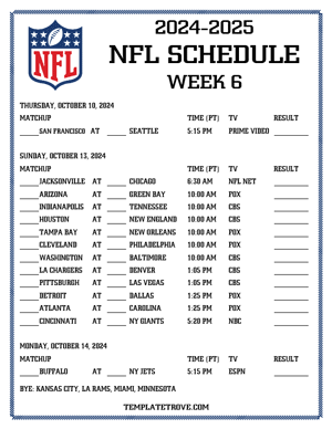 Printable 2024-25 NFL Schedule Week 6 - Pacific Times