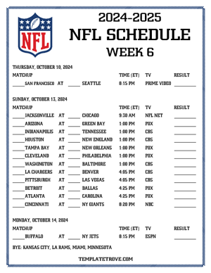 Printable 2024-25 NFL Schedule Week 6