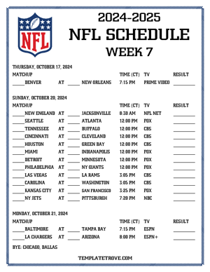 Printable 2024-25 NFL Schedule Week 7 - Central Times