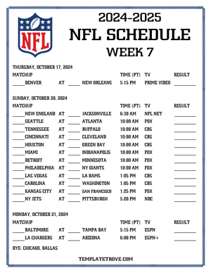 Printable 2024-25 NFL Schedule Week 7 - Pacific Times
