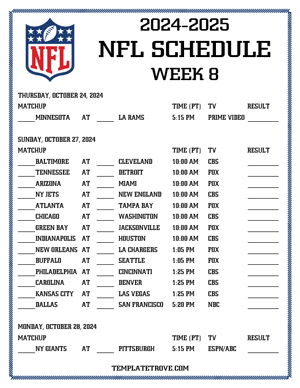Printable 2024-25 NFL Schedule Week 8 - Pacific Times
