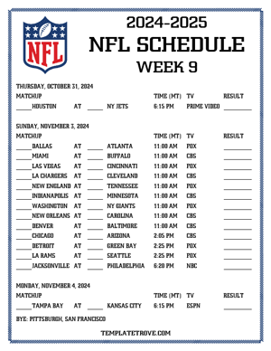 Printable 2024-25 NFL Schedule Week 9 - Mountain Times