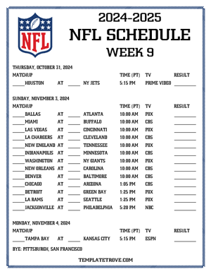 Printable 2024-25 NFL Schedule Week 9 - Pacific Times