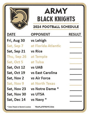 Army Black Knights Football 2024
 Printable Schedule  - Style 2