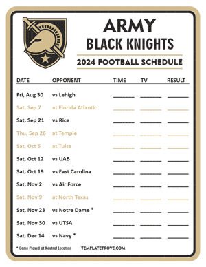 Army Black Knights Football 2024
 Printable Schedule - Style 3