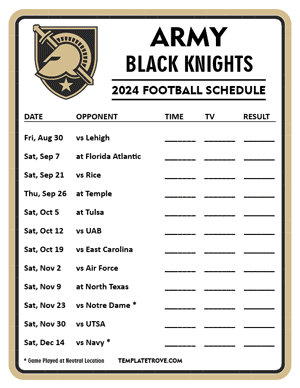 Army Black Knights Football 2024
 Printable Schedule - Style 4