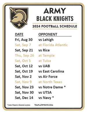 Army Black Knights Football 2024
 Printable Schedule