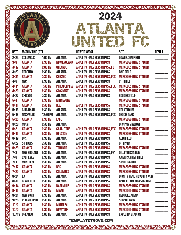Printable2024 Atlanta United FC Soccer Schedule