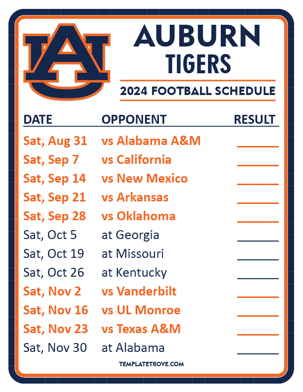 Auburn Football Schedule 2024 Printable Elane Rozina