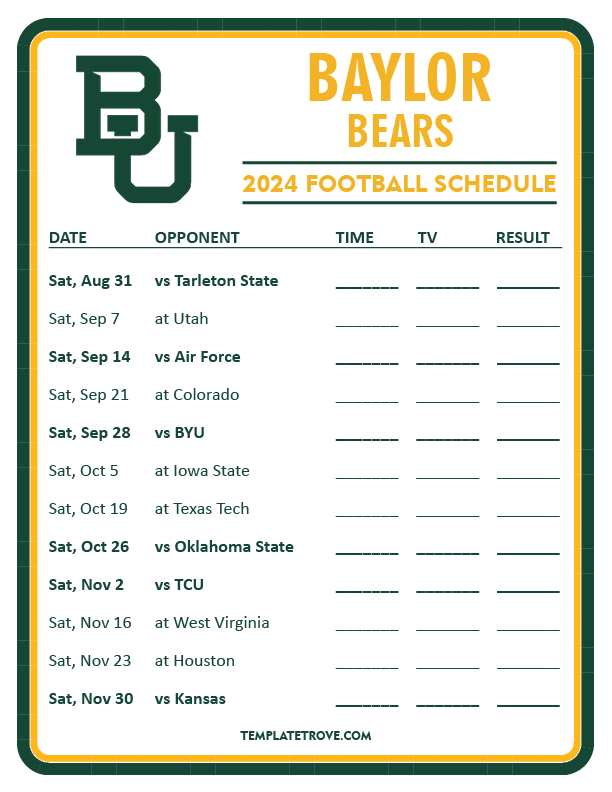 Printable 2024 Baylor Bears Football Schedule