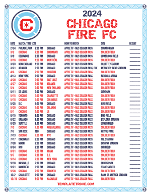 Chicago Fire FC 2024
 Printable Soccer Schedule - Central Times