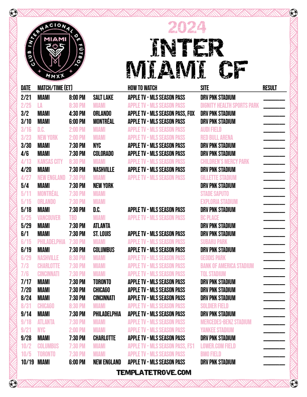 Printable2024 Inter Miami CF Soccer Schedule