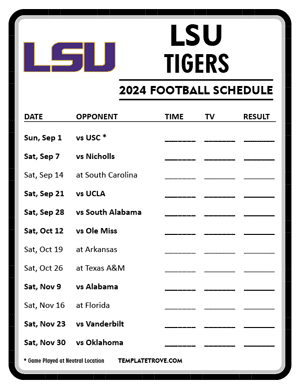 LSU Tigers Football 2024
 Printable Schedule - Style 4