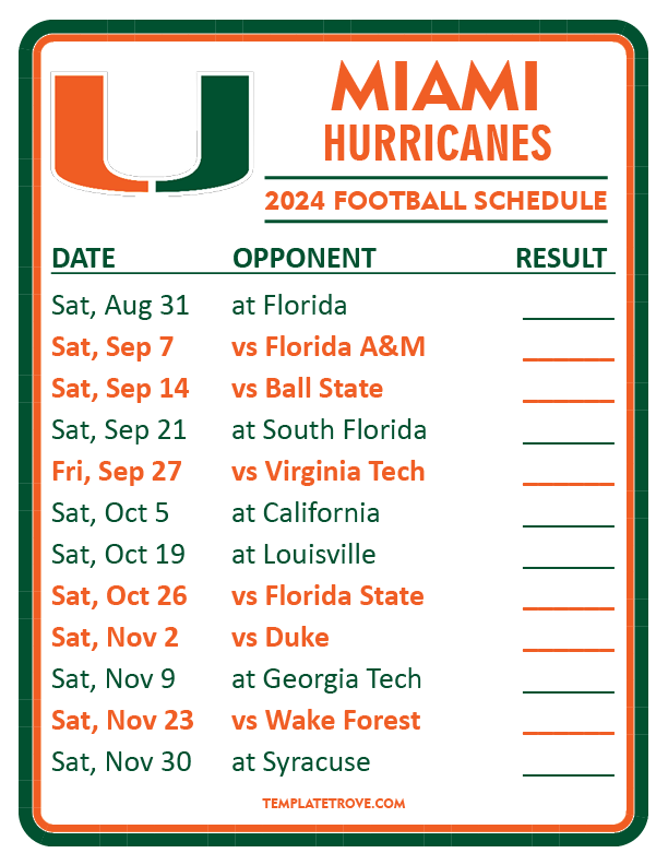 Printable 2024 Miami Hurricanes Football Schedule