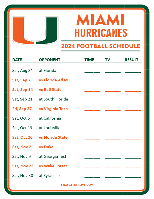 Printable 2024 Miami Hurricanes Football Schedule