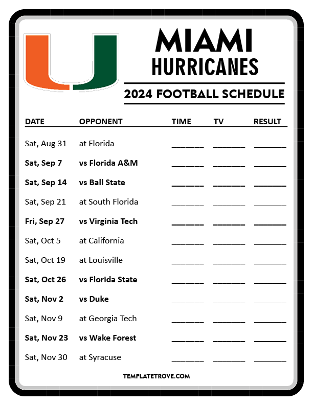 Printable 2024 Miami Hurricanes Football Schedule