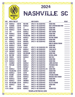 Nashville SC 2024
 Printable Soccer Schedule - Central Times